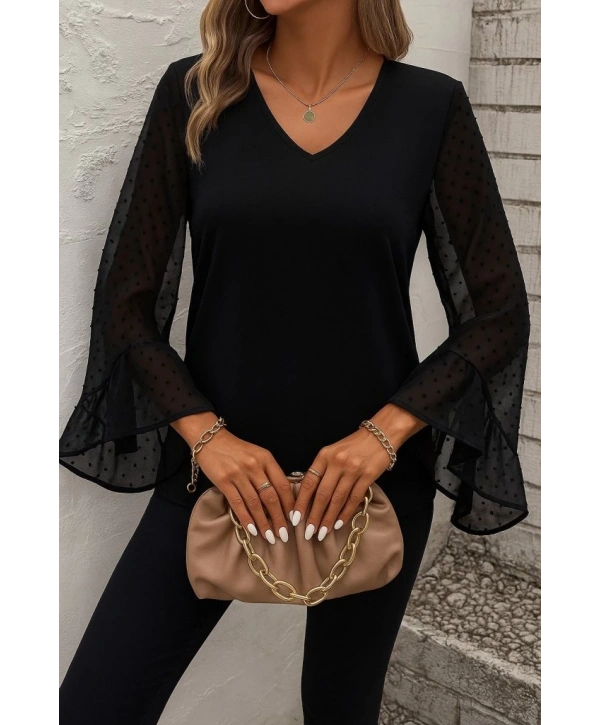 Kadın Uzun Kollu V Yakalı Kolları Ispanyol Detayı Sandy Bluz