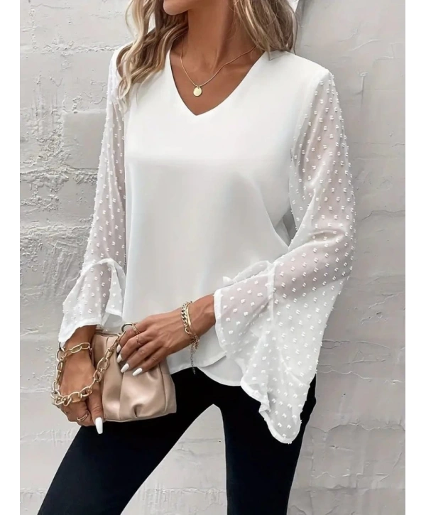 Kadın Uzun Kollu V Yakalı Kolları Ispanyol Detayı Sandy Bluz