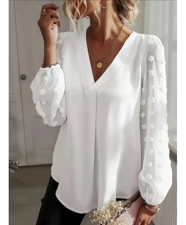 Kadın Uzun Kollu V Yakalı Kolları Popon Detaylı Sandy Bluz