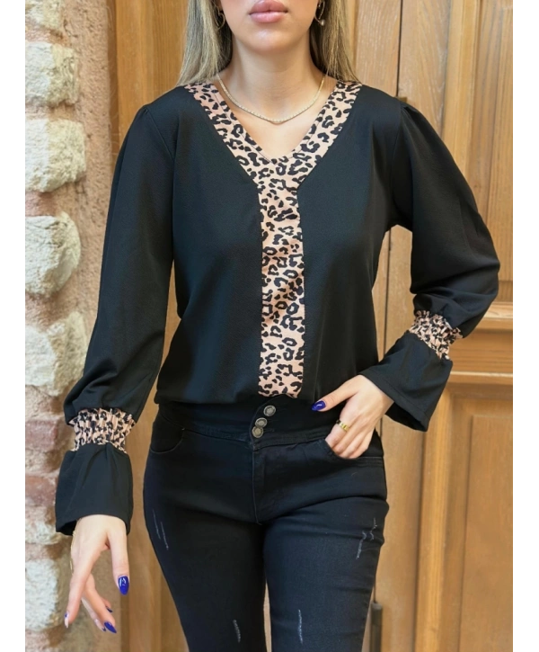 Kadın Uzun Kollu V Yakalı Leopar Detaylı Krep Bluz