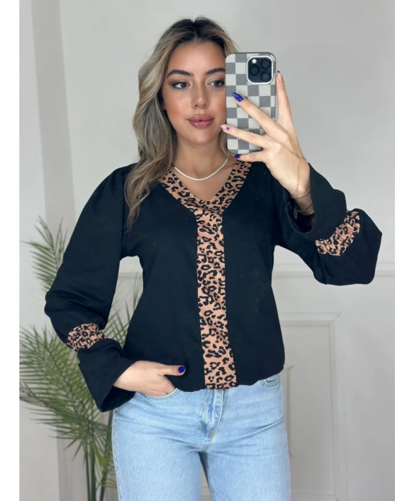 Kadın Uzun Kollu V Yakalı Leopar Detaylı Krep Bluz