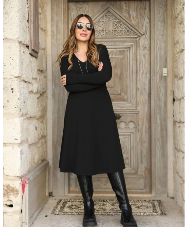 Kadın Uzun Kollu V Yakalı Salaş Midi Akrilik Elbise