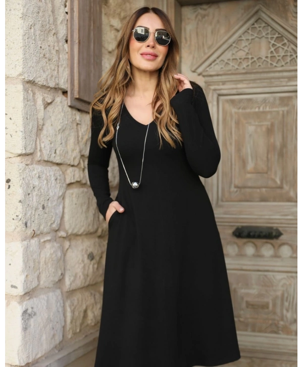 Kadın Uzun Kollu V Yakalı Salaş Midi Akrilik Elbise