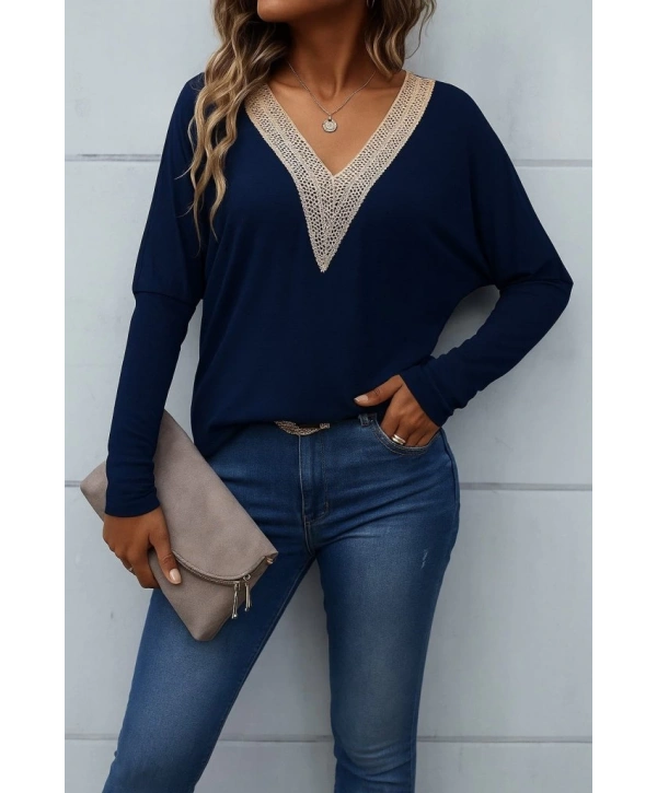 Kadın Uzun Kollu V Yakalı Yarasa Kollu Viskon Bluz