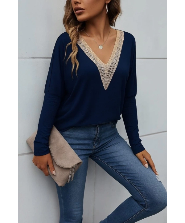 Kadın Uzun Kollu V Yakalı Yarasa Kollu Viskon Bluz