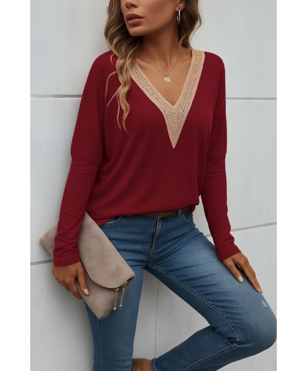 Kadın Uzun Kollu V Yakalı Yarasa Kollu Viskon Bluz