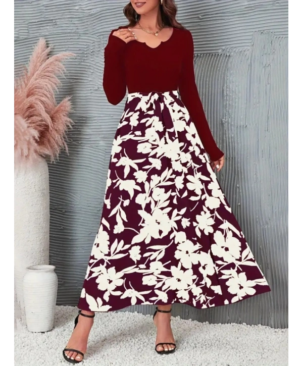 Kadın Uzun Kollu Yaka Açık üst Kaşkorse Beli Kuşaklı Alt çiçek Baskılı Dalgıç Elbise