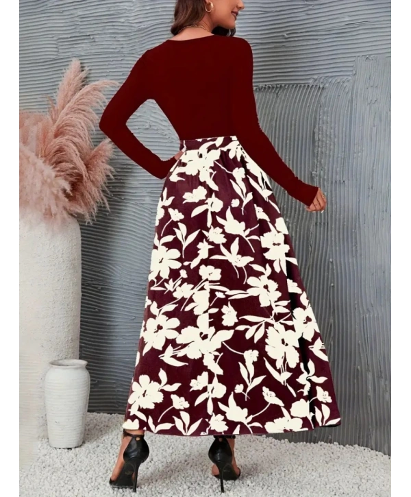 Kadın Uzun Kollu Yaka Açık üst Kaşkorse Beli Kuşaklı Alt çiçek Baskılı Dalgıç Elbise