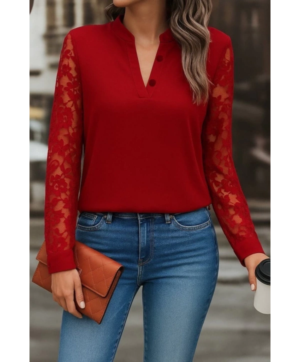 Kadın Uzun Kollu Yaka Düğme Detay Güpürlü Kol Krep Bluz