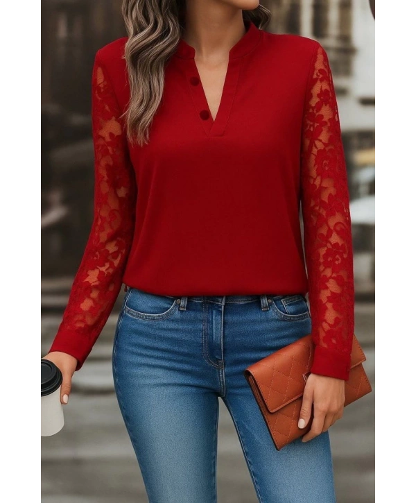 Kadın Uzun Kollu Yaka Düğme Detay Güpürlü Kol Krep Bluz