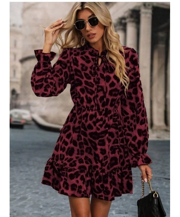 Kadın Uzun Kollu Yakadan Bağcıklı Modal Leopar Desenli Mini Elbise