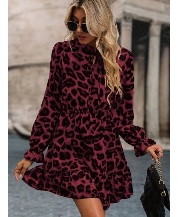 Kadın Uzun Kollu Yakadan Bağcıklı Modal Leopar Desenli Mini Elbise
