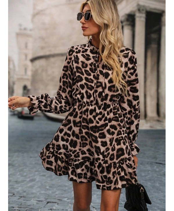 Kadın Uzun Kollu Yakadan Bağcıklı Modal Leopar Desenli Mini Elbise