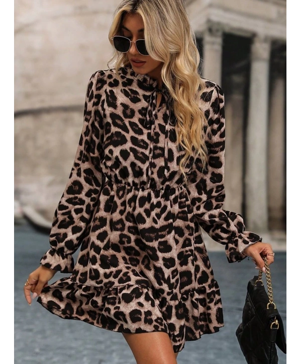 Kadın Uzun Kollu Yakadan Bağcıklı Modal Leopar Desenli Mini Elbise