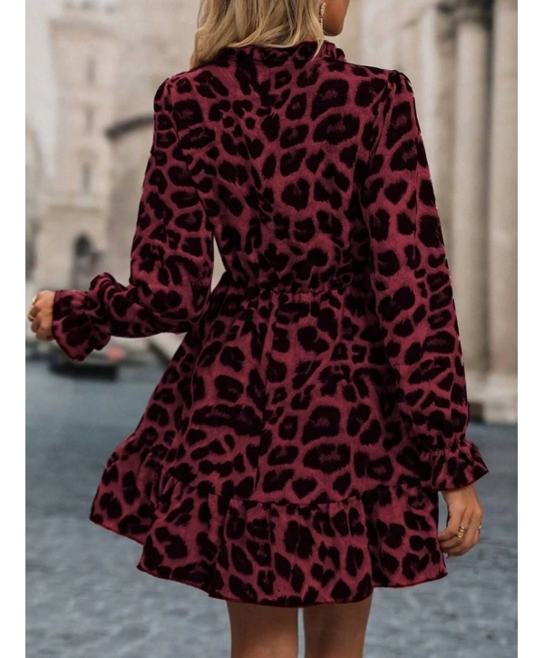 Kadın Uzun Kollu Yakadan Bağcıklı Modal Leopar Desenli Mini Elbise