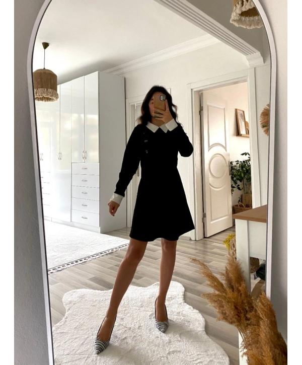 Kadın Uzun Kollu Yakalı A Kesim Kısa Ithal Krep Elbise