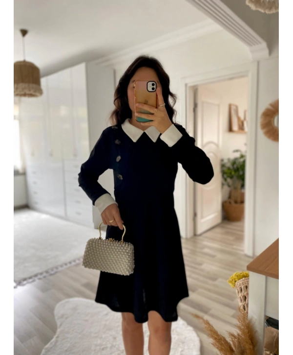 Kadın Uzun Kollu Yakalı A Kesim Kısa Ithal Krep Elbise