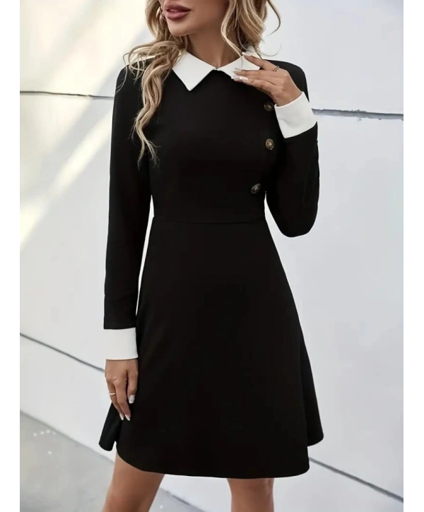 Kadın Uzun Kollu Yakalı A Kesim Kısa Ithal Krep Elbise