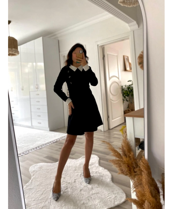 Kadın Uzun Kollu Yakalı A Kesim Kısa Ithal Krep Elbise