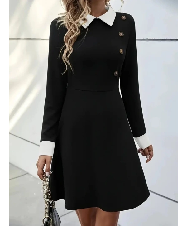 Kadın Uzun Kollu Yakalı A Kesim Kısa Ithal Krep Elbise