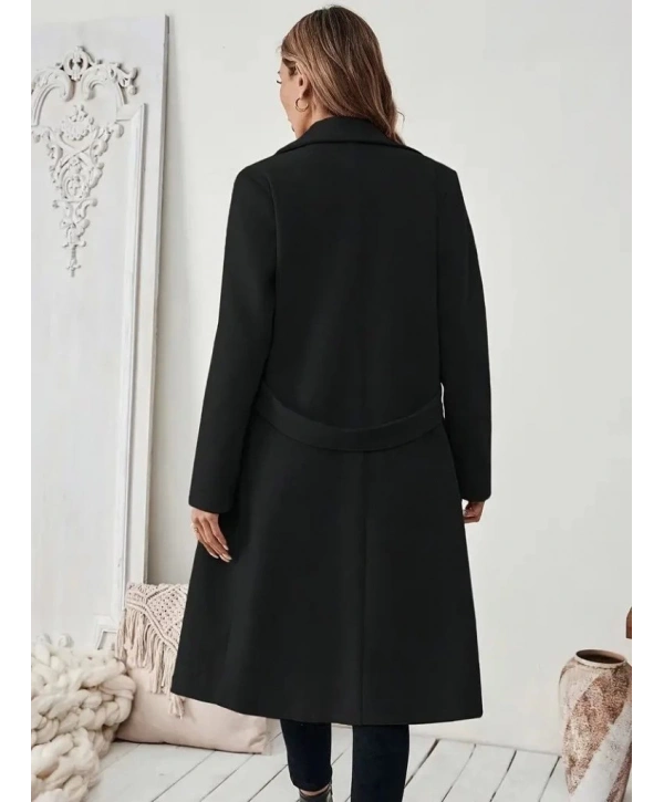 Kadın Uzun Kollu Yakalı Belde şerit Düğme Detaylı Cepli Mini Kaşe Kaban