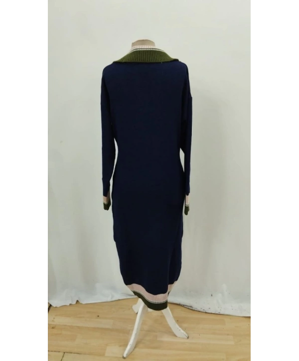 Kadın Uzun Kollu Yakalı çok Renkli Triko Uzun Elbise