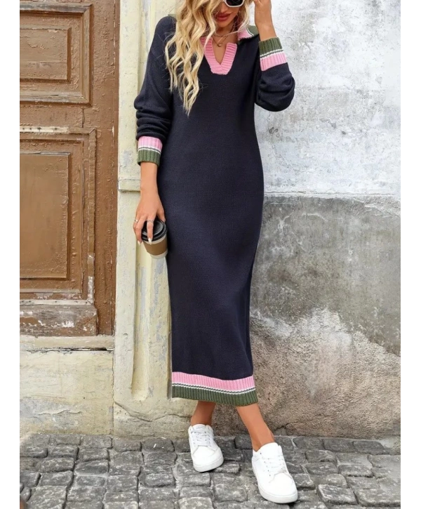 Kadın Uzun Kollu Yakalı çok Renkli Triko Uzun Elbise