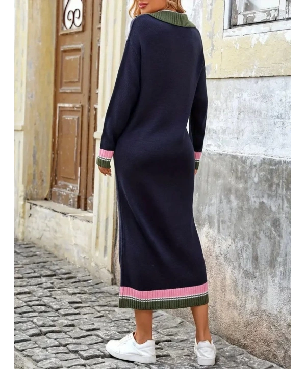 Kadın Uzun Kollu Yakalı çok Renkli Triko Uzun Elbise