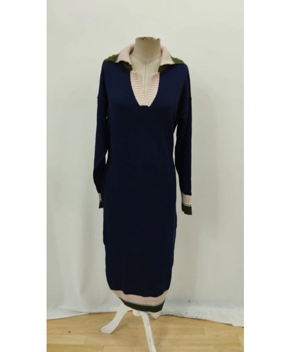 Kadın Uzun Kollu Yakalı çok Renkli Triko Uzun Elbise