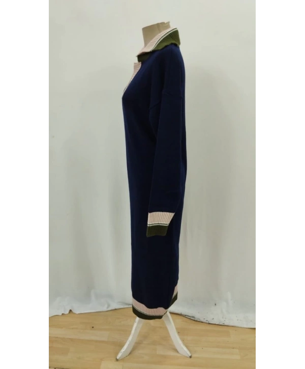 Kadın Uzun Kollu Yakalı çok Renkli Triko Uzun Elbise