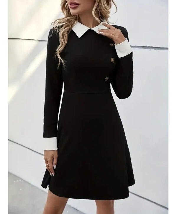 Kadın Uzun Kollu Yakalı Düğmeli Kısa Modal Mini Elbise