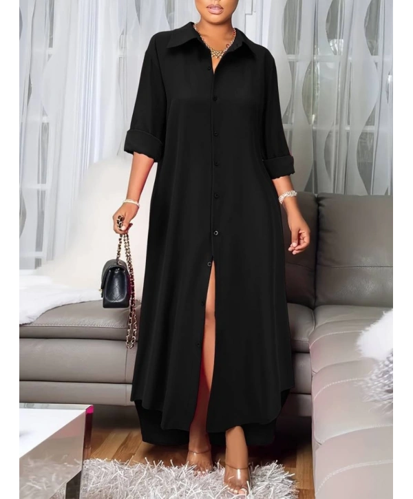 Kadın Uzun Kollu Yakalı önden Düğmeli Uzun Dokuma Elbise