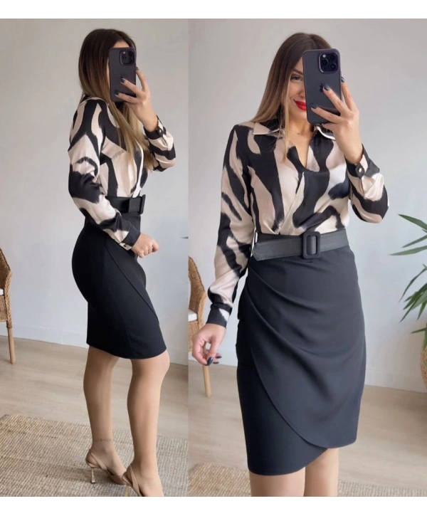 Kadın Uzun Kollu Yakalı üst Dalgıç Eteği Krep Kemerli Elbise