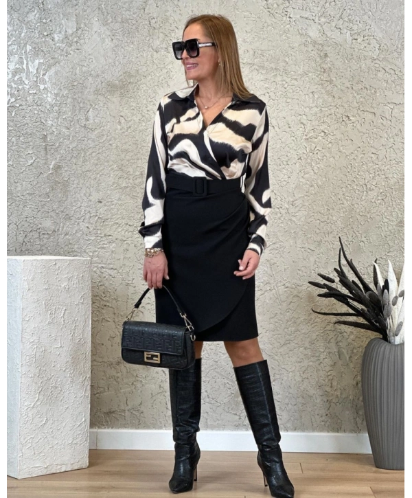 Kadın Uzun Kollu Yakalı üst Dalgıç Eteği Krep Kemerli Elbise