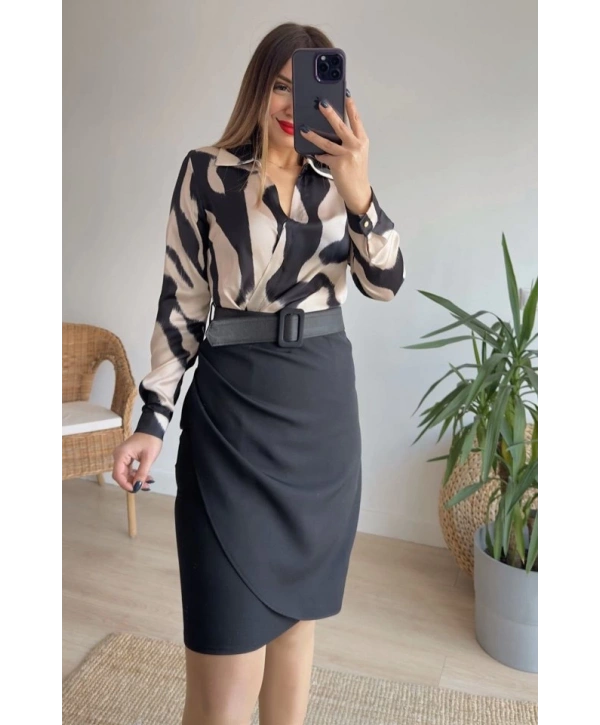 Kadın Uzun Kollu Yakalı üst Dalgıç Eteği Krep Kemerli Elbise