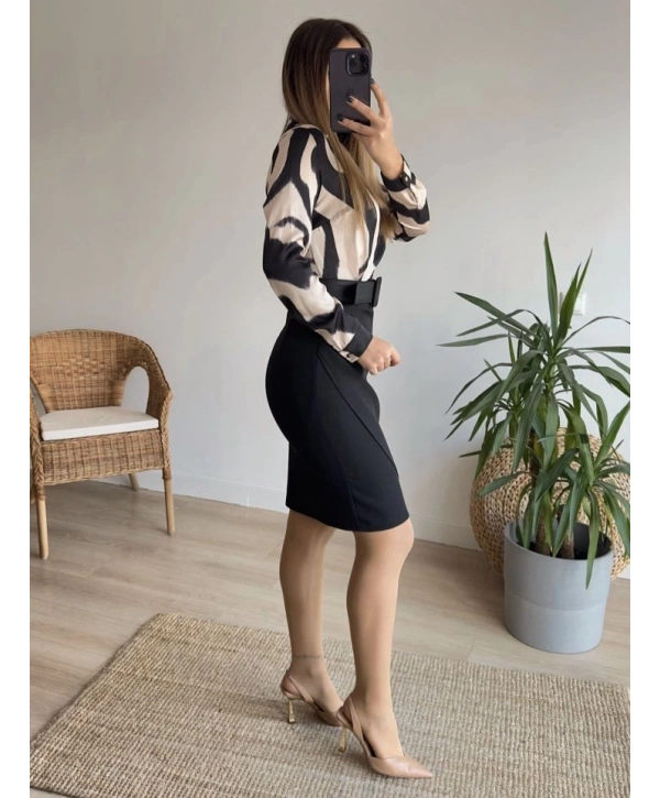 Kadın Uzun Kollu Yakalı üst Dalgıç Eteği Krep Kemerli Elbise