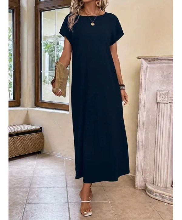 Kadın Uzun Kollu Yakası Açık Viskon Elbise