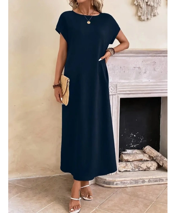 Kadın Uzun Kollu Yakası Açık Viskon Elbise