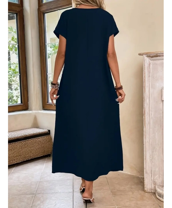 Kadın Uzun Kollu Yakası Açık Viskon Elbise