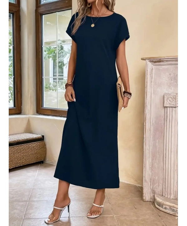 Kadın Uzun Kollu Yakası Açık Viskon Elbise