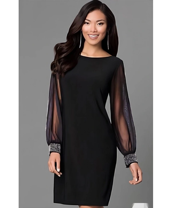 Kadın Uzun Kollu Yakası Yanlardan Hafif Açık Kollar Tül Ve Taş Detay Kısa Krep Elbise