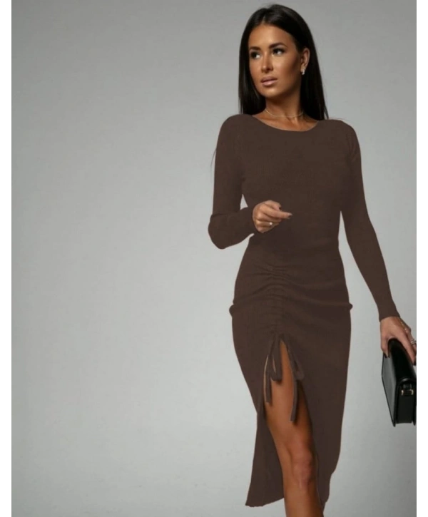 Kadın Uzun Kollu Yandan Büzgülü Yırtmaç Detay Kaşkorse Midi Boy Elbise