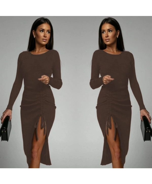 Kadın Uzun Kollu Yandan Büzgülü Yırtmaç Detay Kaşkorse Midi Boy Elbise