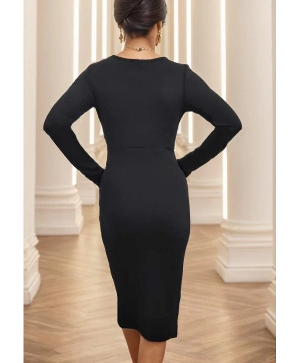 Kadın Uzun Kollu Yandan Büzgülü Yırtmaç Detay Kaşkorse Midi Boy Elbise