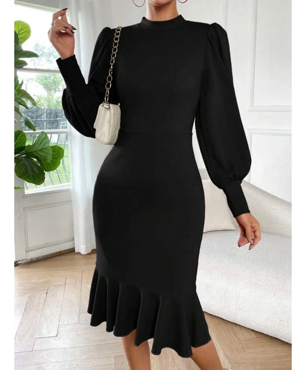 Kadın Uzun Kollu Yarı Balıkçı Yaka Etek Ucu Fırfır Detaylı Midi Ithal Krep Elbise