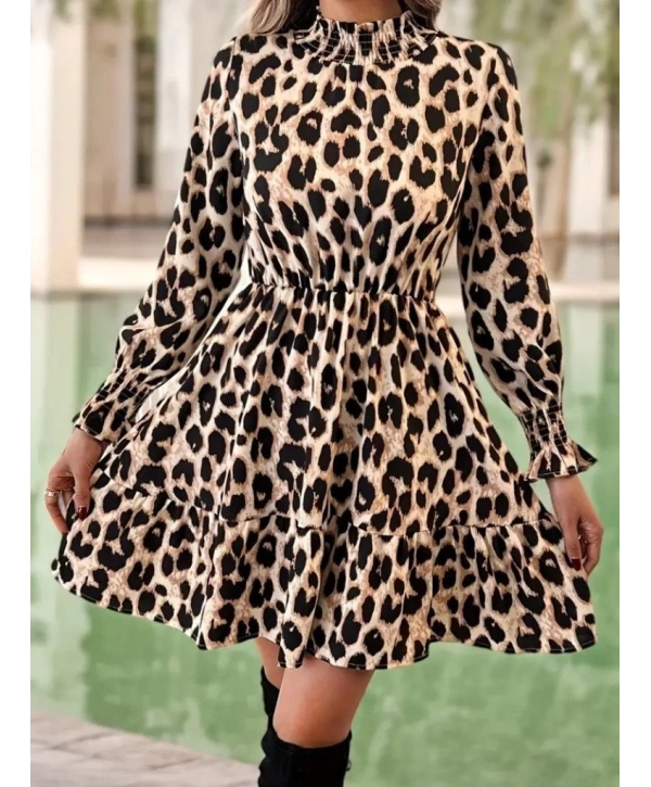 Kadın Uzun Kollu Yarı Balıkçı Yaka Leopar Desenli Modal Mini Elbise