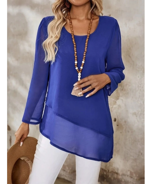 Kadın Uzun Kollu Yuvarlak Asimetrik Detaylı şifon Bluz
