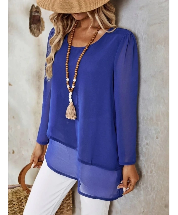 Kadın Uzun Kollu Yuvarlak Asimetrik Detaylı şifon Bluz