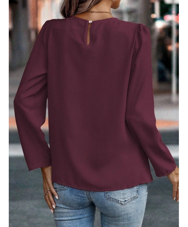 Kadın Uzun Kollu Yuvarlak önden Pileli Ithal Krep Bluz