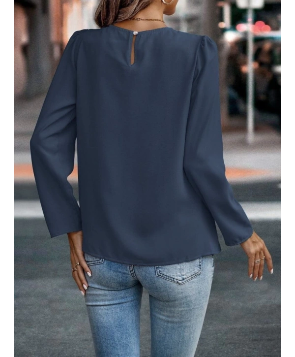 Kadın Uzun Kollu Yuvarlak önden Pileli Ithal Krep Bluz